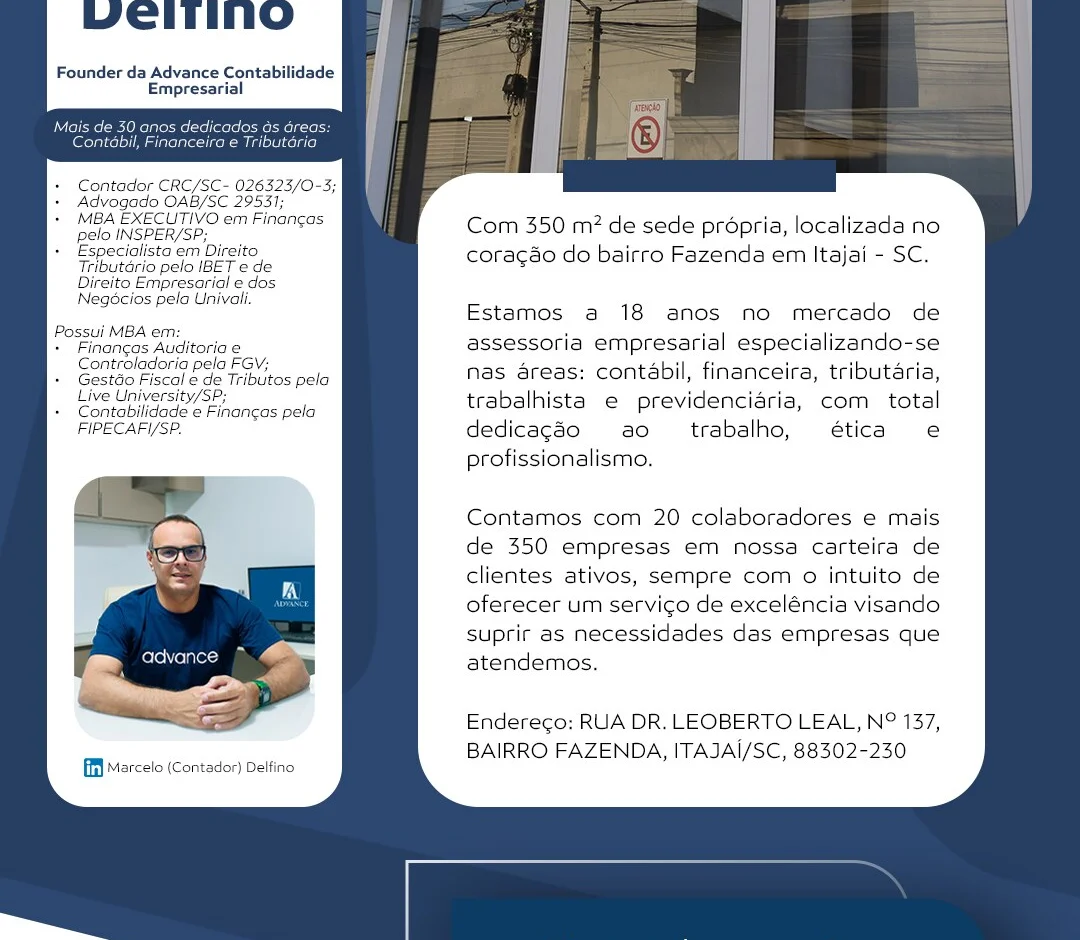 Apresentação da Advance Contabilidade Empresarial e de Marcelo Norival Delfino.