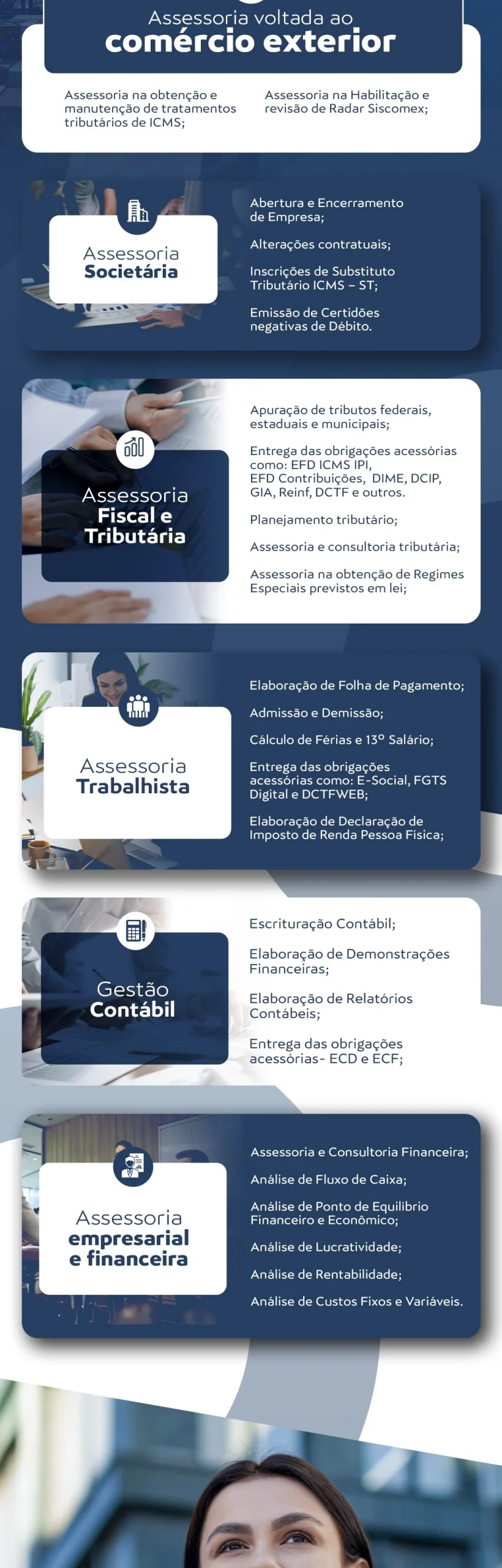 Nossas soluções: comércio exterior, societário, fiscal e tributária, trabalhista, gestão contábil e assessoria empresarial e financeira.
